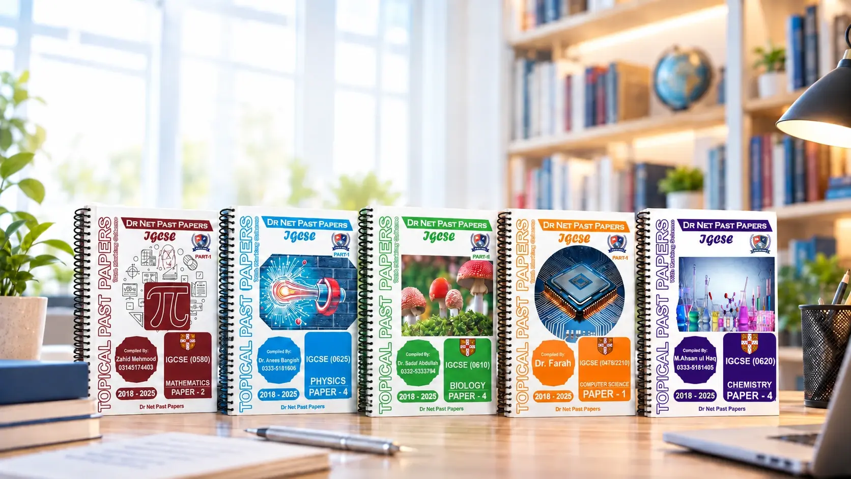 Five black ring-bound DR Net past paper books for Mathematics, Physics, Biology, Computer Science and Chemistry on a library desk